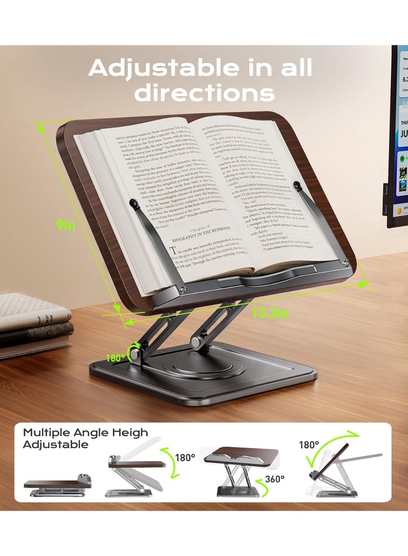 Bukela Book Stand for Reading, Adjustable Book Holder with 360°Rotating Bases, Ergonomic Cookbook Stand Recipe Book Holder with Elastic Page Clips for Magazines, Tablets, Laptops - Image 3